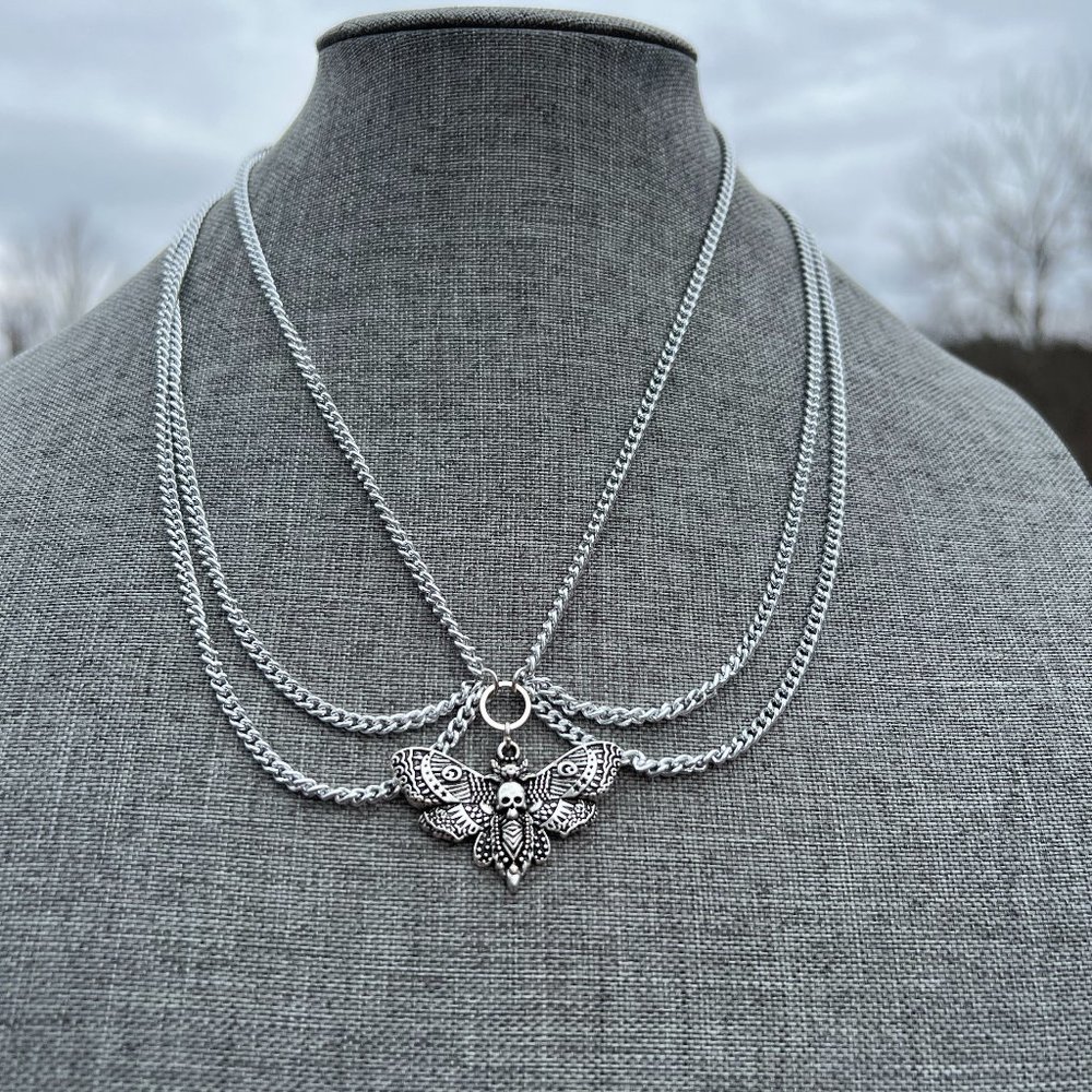 Goth Glam Triple Hung Statement Necklace Deaths Head Moth
